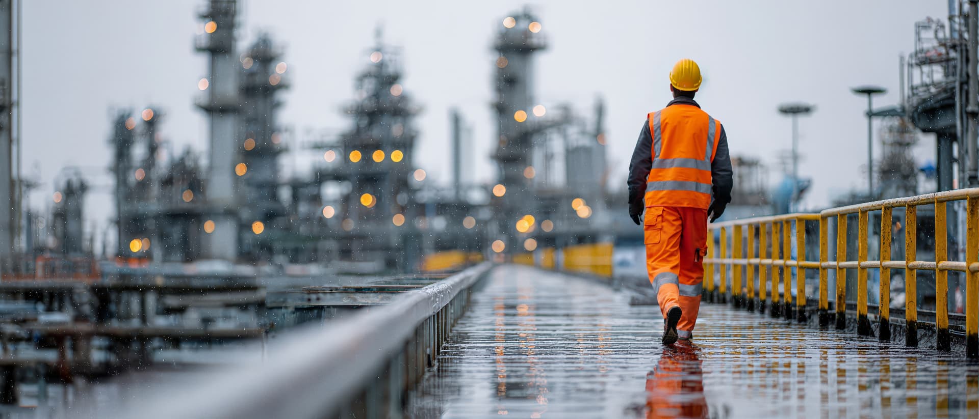 Industrial refinery walkway at dusk with safety railings and process piping