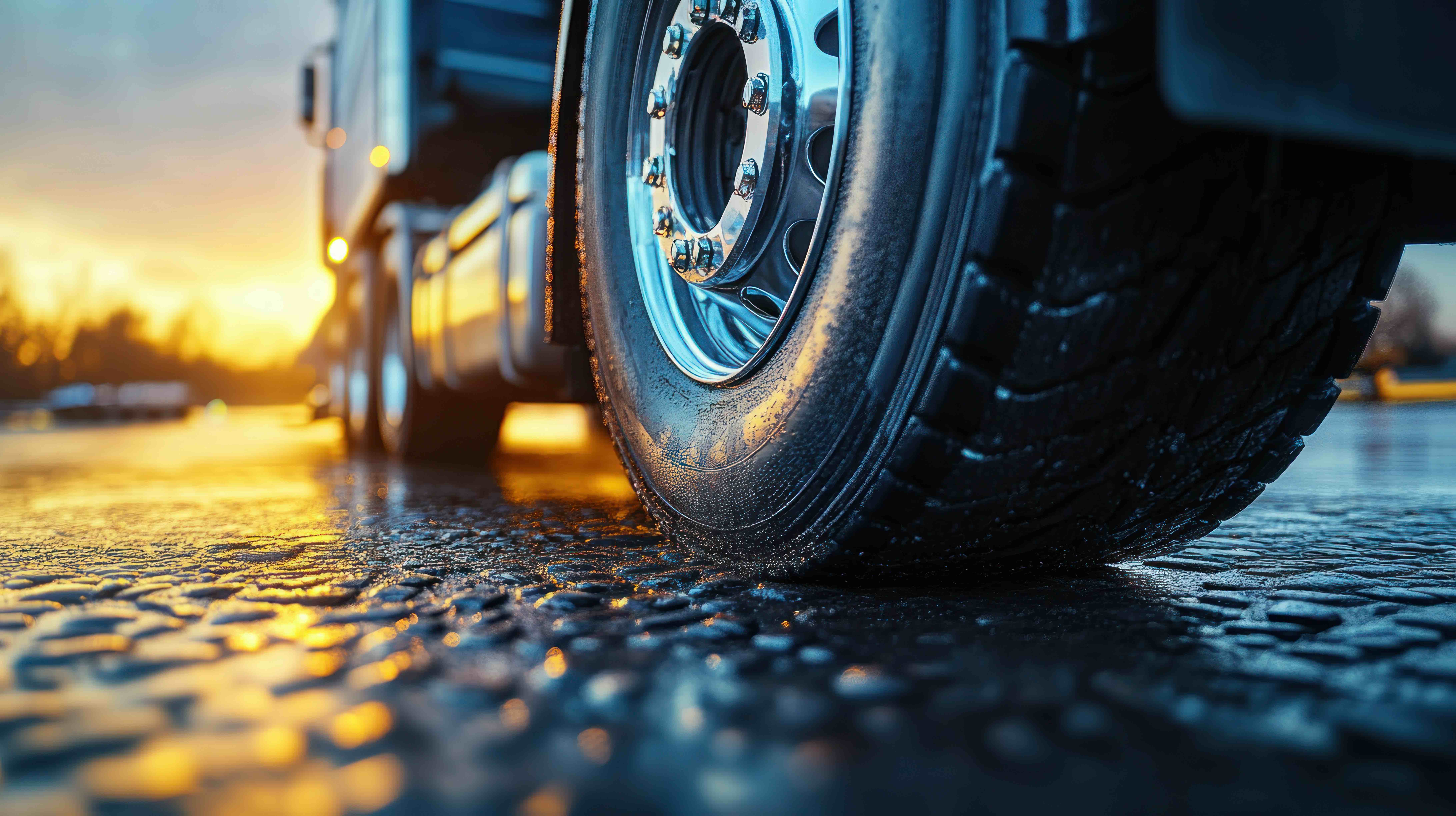 Heavy-duty truck tire on a wet road at sunset, representing fleet maintenance operations