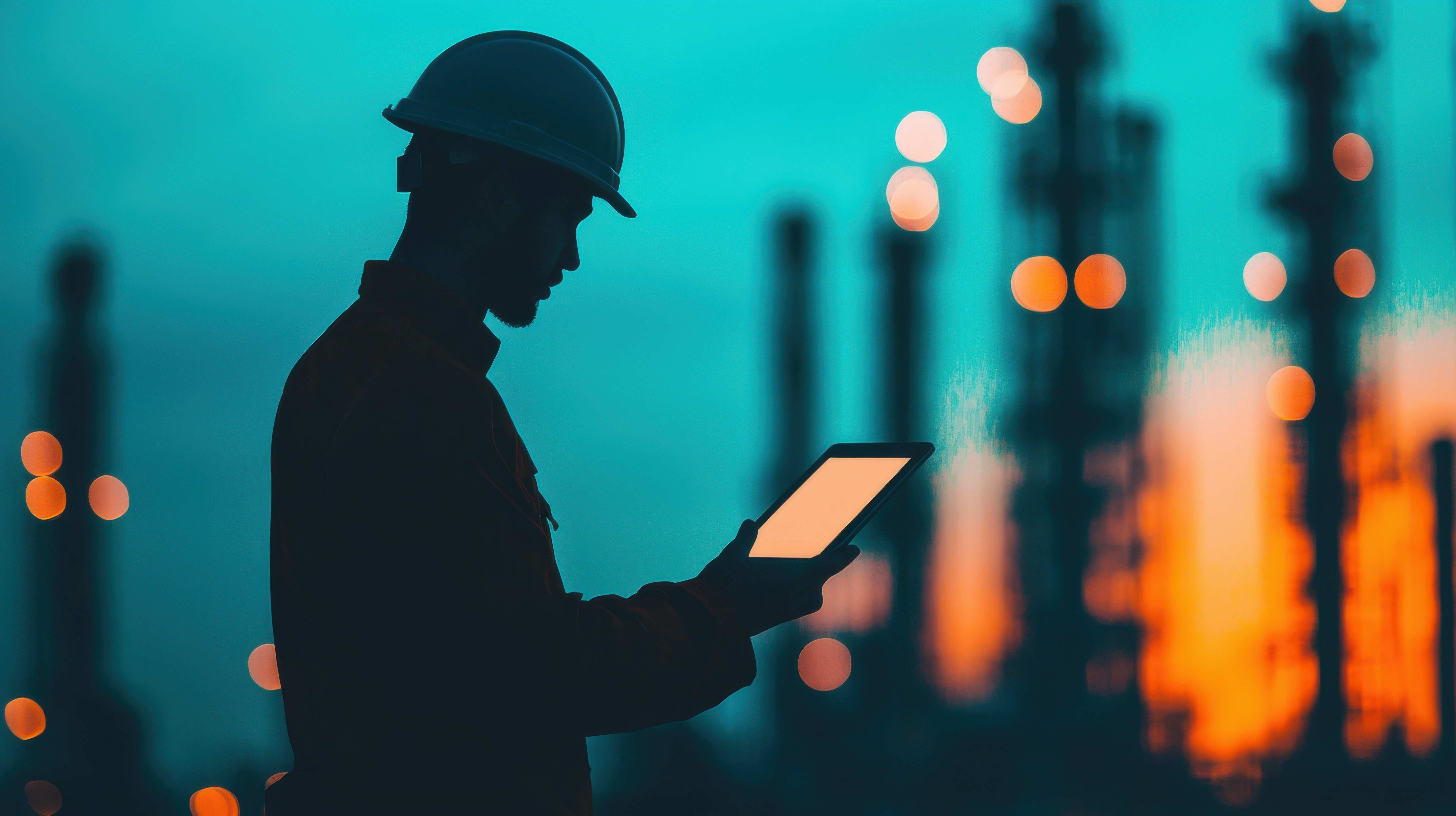 Engineer using a digital tablet to inspect safety at an industrial refinery facility